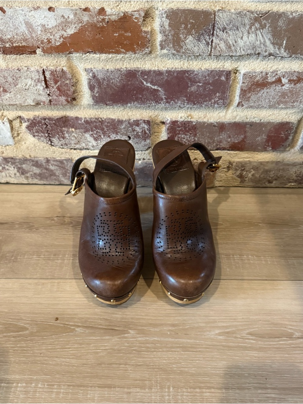 Tory Burch Brown Leather Perforated Clog Mules with Gold Buckle-Size 7